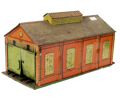A vintage Hornby Series 0 gauge clockwork railway trainset locomotive / Engine Shed ' 2A '. Rarer basic version with no roof 