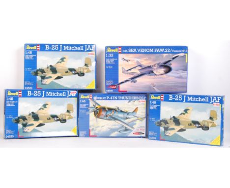 A collection of 5x 1:48 / 1:32 scale aircraft / aeroplane plastic model kits. All boxed, and all with contents sealed (some b