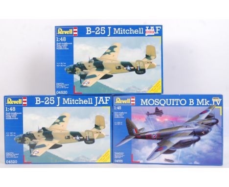 A collection of 3x Revell made 1:48 scale plastic model kits - all of aircraft. To include; 2x 04520 B-25 J Mitchell JAF (one