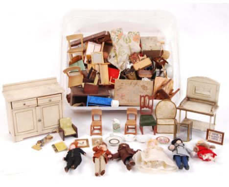 A good collection of antique late 19th / early 20th century and vintage dolls house furniture and related items. Featuring va