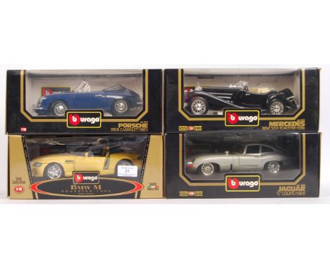 A collection of 4x Burago 1:18 scale precision diecast model sport's cars. All appear mint and unused, within the original di