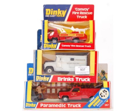 A collection of 3x vintage Dinky Toys boxed diecast models. Comprising; 384 Convoy Fire Rescue Truck (model mint, box with so