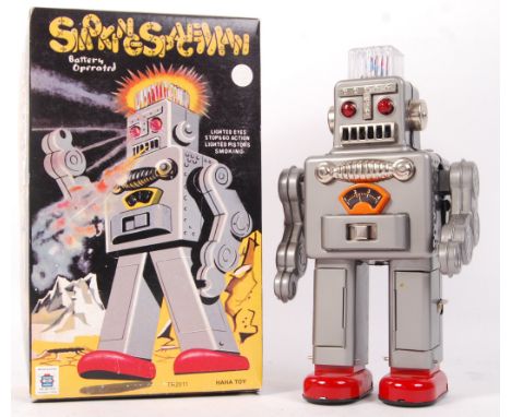 A fabulous vintage style HaHa Toys made Chinese tinplate battery operated ' Smoking Spaceman ' Robot. Superbly detailed tinpl