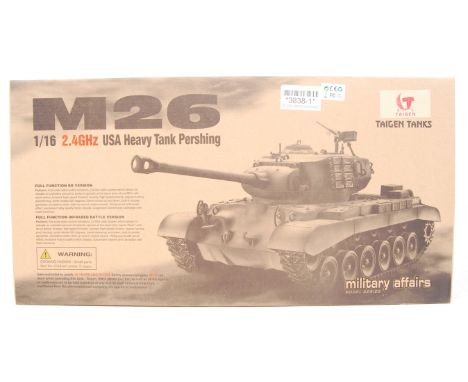 A Taigen Tanks made 1:16 scale RC Radio Controlled M26 USA Heavy Tank Pershing. Appears complete, within the original box wit