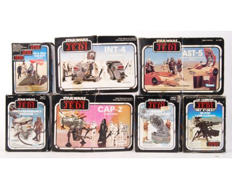 A collection of 7x original vintage Kenner / Palitoy Star Wars action figure playset ' Minirigs '. Comprising; Tripod Laser C