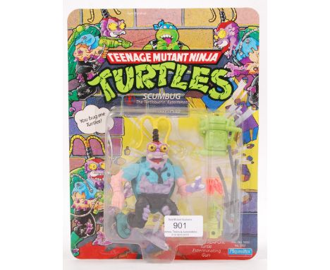 An original vintage Playmates Teenage Mutant Ninja Turtles carded 24 back action figure of&nbsp; Scumbug. The figure still se