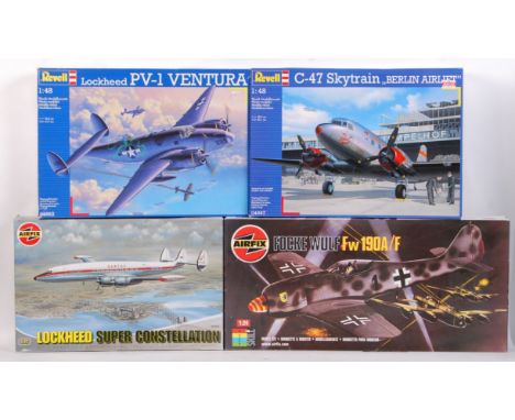 A collection of 4x assorted aeroplane plastic model kits. To include; Revell 1:48 scale C-47 Skytrain (factory sealed), Revel