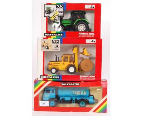 A collection of 3x Britains Farm diecast model tractors and related vehicles. All generally appear near mint to mint (likely 