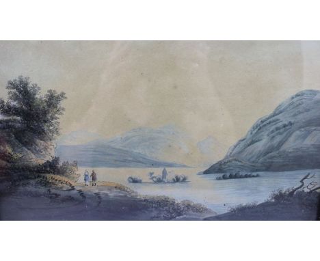 A19th century watercolour painting, Loch scene, figures on the path, 22cm x 32cm, in an ebonised and gilt frame, indistinctly