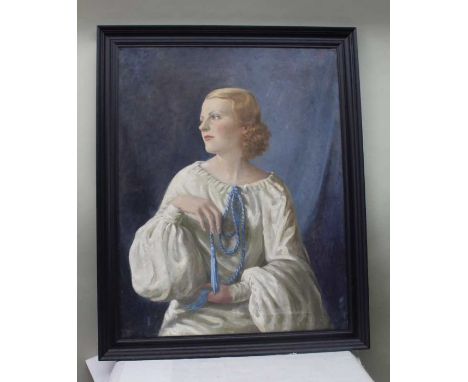 Sage, 20th century European School, "Portrait of a Lady" (in a white gown with blue tassel) oil on canvas, signed, 90cm x 70c