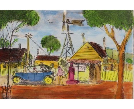 After Pro Hart (1928-2006) "Broken Hill Fill er up Mate" artists proof print, 23cm x 28cm, signed and inscribed, 23cm x 28cm,