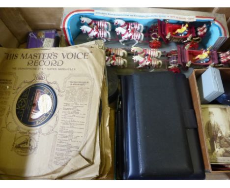 A Box of Miscellaneous Items, including two Corgi: 1902 State Landau, Queens Silver Jubilee 1977, geometry set, coins, pens, 