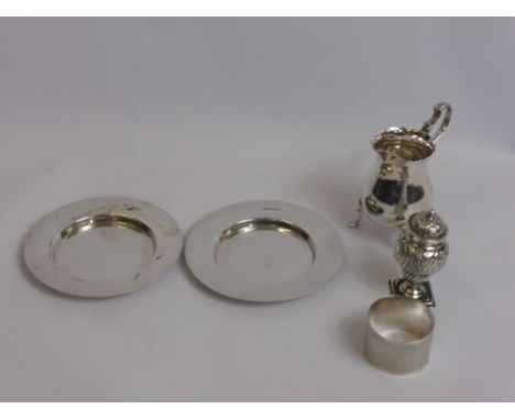 A Collection of Miscellaneous Silver, including two pin dishes, cream jug, pepper, napkin ring approx 295 gms. (5)