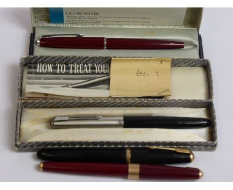 A Collection of Vintage Parker Pens, including Parker 51 in original box with receipt and Parker Duofold (14 k knib). (4)