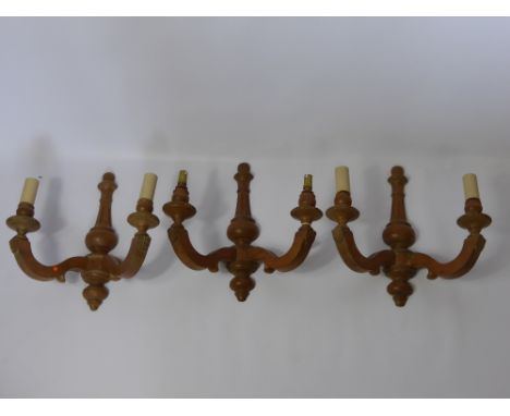 Three Fruit Wood Twin Branch Wall Sconces, approx 34 x 33 cms together with a Four Branch Limed Oak Ceiling Light, approx 46 