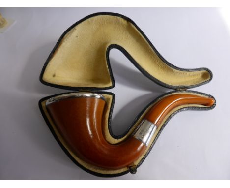 An Antique Sherlock Holmes-style Meerschaum Pipe, silver rim to bowl and stem with amber mouthpiece, hallmark 1911/12, mm W.S