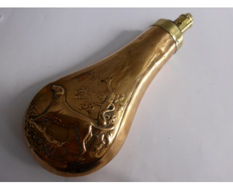 An Antique Copper and Brass Powder Flask, with embossed figure of a hunting dog in landscape setting, approx 19 cms.