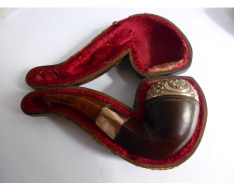 An Antique Pipe with Embossed Gold-metal rim to bowl and stem with amber mouthpiece, approx 11 cms, housed in velvet-lined le