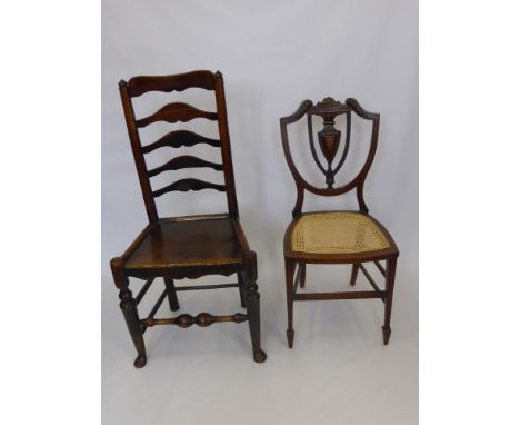 A Ladder Back Hall Chair, with turned legs and stretchers together with a bedroom chair with rattan seat. (2)