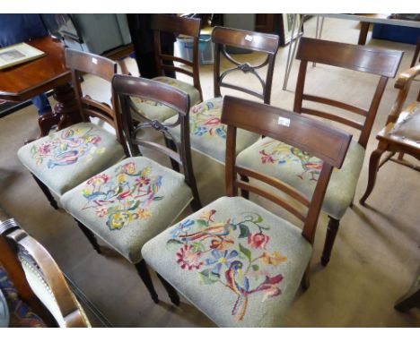 A Collection of Miscellaneous Antique Chairs, four with slat backs and turned front legs, two with cross back and floral meda