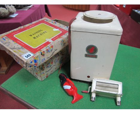 A Mid XX Century Tinplate Washing Machine by Chad Valley, boxed. Plus a small toy vacuum cleaner.