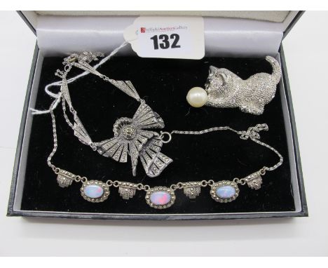 A Vintage Opal and Marcasite Set Necklace, composed of three oval cabochon (black?) opals collet set within marcasite border,