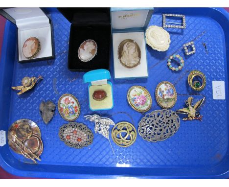 A Collection of Assorted Costume Brooches, including oval shell carved cameo, Limoges ceramic panel, Celtic style, etc:- One 
