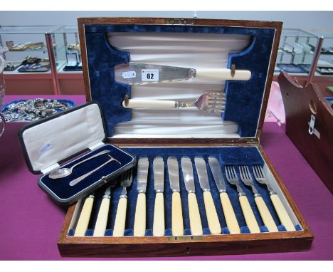 A Matched Hallmarked Silver Baby's Pusher and Spoon, in original fitted case; together with a wooden cased set of six plated 
