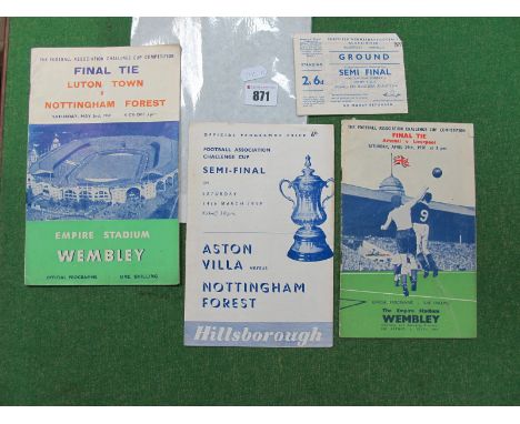 1950 F. A Cup Final Programme Arsenal v. Liverpool, (rusty staples) 1959 final and Forest semi with ticket.