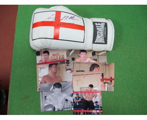 Ricky Hatton. Black pen autogrpah, unverified, on a Lonsdale White left hand boxing glove. Six photos of Ricky in the practic
