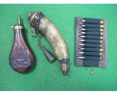 Remnants of a Antler Horn Black Powder Flask, a reproduction powder flask and some drilled shell cases all XX Century.