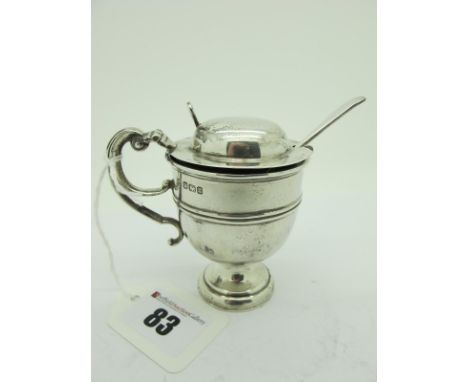 A Hallmarked Silver Lidded Mustard,  John Round, Sheffield 1912, of pedestal form (base weighted) with scroll handle and clea