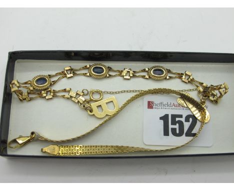 A 9ct Gold Gate Style Bracelet, with alternate cabochon highlights, in rope twist border, also suspending initial 'B' and a z
