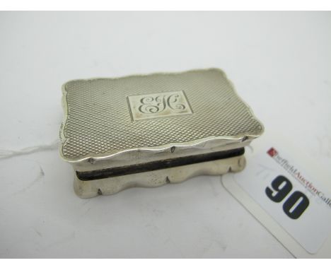 A Hallmarked Silver Snuff Box, JG Ltd, Birmingham 1965, of antique style, shaped rectangular form, engine turned and initiall