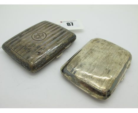 A Hallmarked Silver Cigarette Case, allover engine turned and monogrammed (dents); together with a smaller example (damages).
