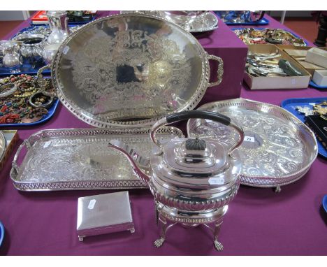 A Decorative Oval Twin Handled Plated Tray, of pierced design; together with a circular plated tray, a rectangular example wi