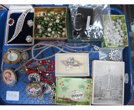 An Openwork Set Bar Brooch, stamped "9ct"; Limoges ceramic panel brooches, bead necklaces, pendants on chains, etc:- One Tray