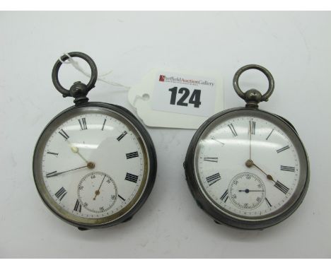 An Openface Pocketwatch, the white dial with black Roman numerals and seconds subsidiary dial, within engine turned case, sta