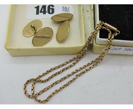 A Pair of 9ct Gold Gent's Cufflinks, oval engine turned panels to chain suspension, stamped "OP", a belcher link chain, stamp