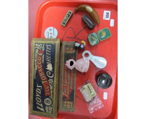 A Collection of Early XX Century and Later Items, including gramophone needle tins, wood Lloyds cigarette box, shoe button ho