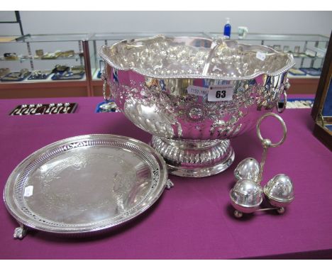 A Large Plated on Copper Punch Bowl, with shaped gadrooned edge and lion mask and ring handles, raised on circular base, 32cm
