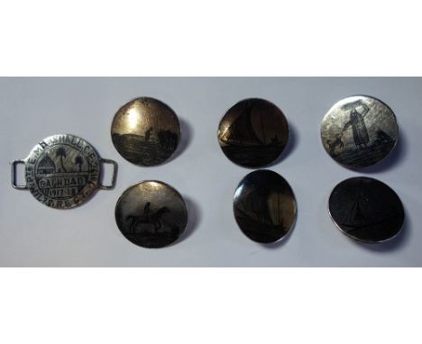 SIX SILVER BUTTONS FROM 'MESAPATANIA' and a WWI buckle inscribed 'PTE Marshall Wiltshire Regiment'