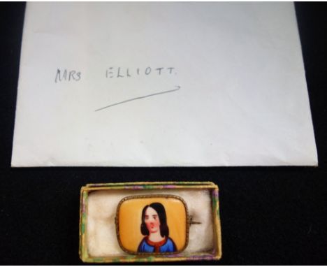 A PORTRAIT BROOCH painted on ceramic, possibly French, found at Tucking Mill Farm, Cerne Abbas, in 1913