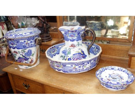 A VICTORIAN MASON'S IRONSTONE JUG AND BOWL SET  of octagonal form, with slop pail, with blue and gilt scale handle 