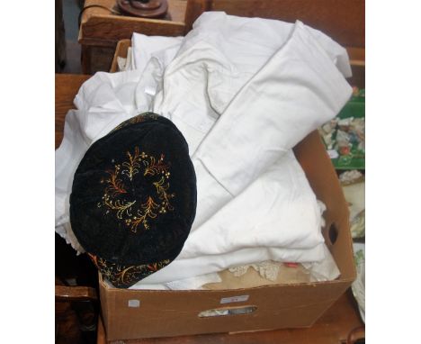 A VICTORIAN VELVET SMOKING CAP, a collection of night dresses and Vintage textiles