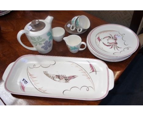 A COLLECTION OF HAND PAINTED POOLE POTTERY PLATES decorated with aquatic animals and a similar part-coffee set