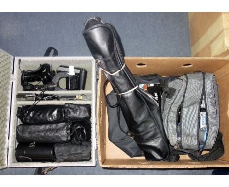 A COLLECTION OF CAMERAS and equipment, including a light weight case with lenses, mainly by "Olympus"