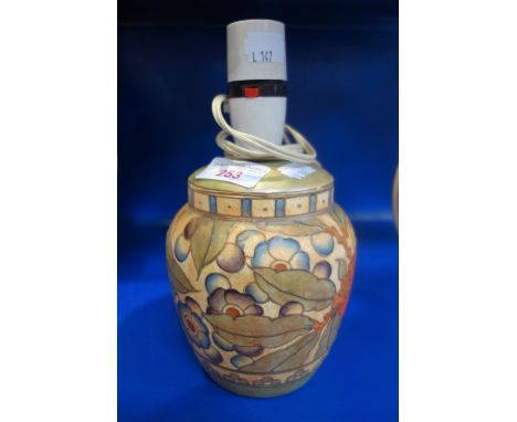 CHARLOTTE RHEAD; A TRADITIONALLY DECORATED POTTERY TABLE LAMP, 14cm high (plus fitting)