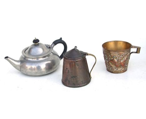 A WAS Benson Arts &amp; Crafts copper jug, 13cms (5ins) high; together with a Liberty &amp; Co. pewter teapot; and a ancient 
