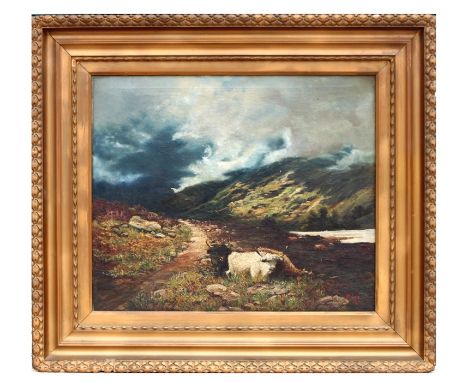 K Lye (Late Victorian school) - Highland Landscape Scene with Longhorn Cattle - signed lower right, oil on canvas, framed, 60